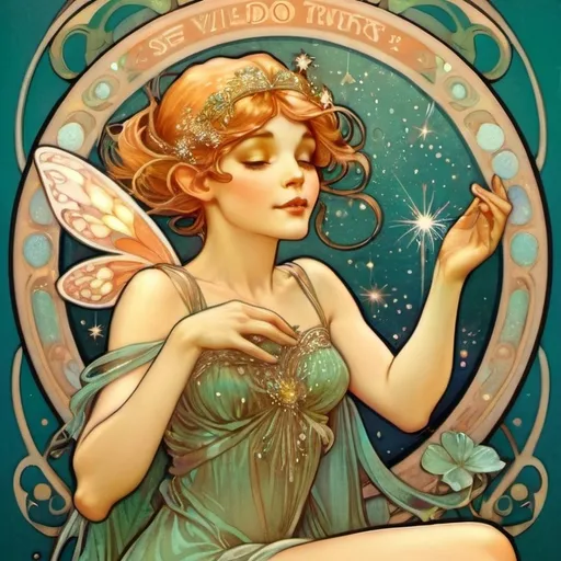 Prompt: Alphonse Mucha Style, art nouveau illustration of a fairy sprinkling pixie dust over the world, hope, love, trust, faith