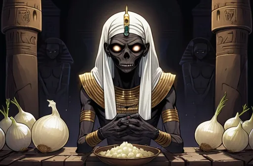 Prompt: 2d dark j horror anime style, Egyptian, mummy with white onions in a place of eyeballs