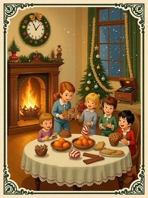 Prompt: A cozy 1950s Christmas morning scene illustrated in the style of a vintage postcard. Children in footed pajamas excitedly open presents near a glowing fireplace. A loving grandmother pulls gingerbread cookies from the oven, filling the room with warmth and spice. A decorated Christmas tree sparkles with classic glass ornaments, popcorn garlands, and tinsel. On a lace-covered table, bowls hold oranges with cloves, cinnamon sticks, and peppermint candy. A record player softly spins Christmas music in the background. Snow falls gently outside the frosted window. Painterly, textured illustration in the nostalgic style of Norman Rockwell or vintage Hallmark cards. Include ornate postcard borders 