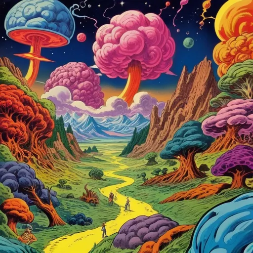 Prompt: Surrealist art movement. 
Fantastical landscape. 
Brains. Minds wandering. happy. surreal. Dreamscape. Bright and vibrant colors in the style of Jack Kirby and Wally Wood, 1940s vintage comic