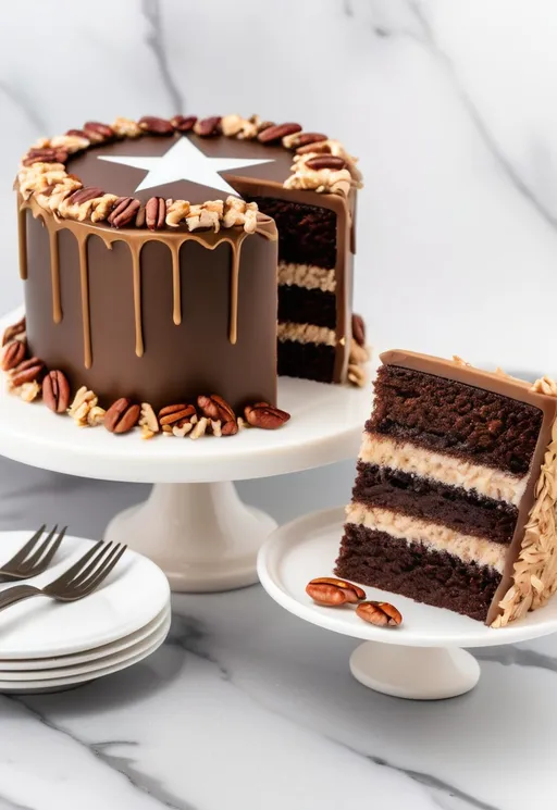 Prompt: Flag of Texas cake topper, German's chocolate cake, three layers of chocolate cake filled and topped with a coconut-pecan frosting. A beautifully three layered chocolate cake takes center stage on a marble cake stand, flag of Texas topper, brown chocolate cake, showcasing its rich, dark exterior adorned with a glossy ganache and a sprinkle of chopped pecans along the base. The top of the cake is decorated with a luscious coconut and pecan frosting, enhancing its visual appeal with its creamy texture and toasted coconut flakes. Beside the cake, a perfectly sliced piece reveals three moist layers, each filled with a decadent blend of chocolate and coconut, stacked high to invite a satisfying bite. The scene is complemented by a cozy, inviting atmosphere perfect for a celebration or gathering. Bright, diffused lighting adds warmth to the image, enhancing the indulgent nature of the dessert.