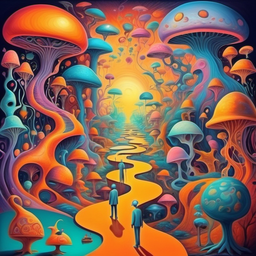Prompt: A scene with many minds roaming along neuro pathways. Humor. Fantastical dreamscape.  imagination. Bright color scheme. Surrealist art movement. 