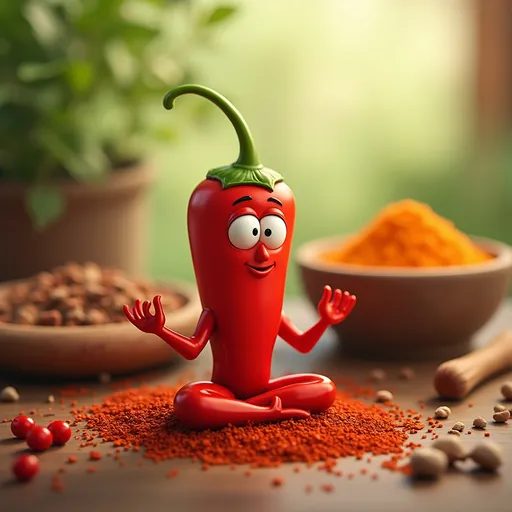 Prompt: Spices in background, cartoon chilli pepper meditating.