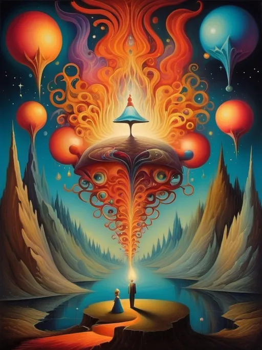 Prompt: Art style of Salvadore Dahli.
 Surrealist art movement. Fantasy. 
A dreamscape of imagination that Evokes a feeling of Trust and self worth. An overall sense of happiness about life. 
A self emmits tiny, inner sparks of possibility into flames of achievement showing a sense of movement and enlightenment. surreal. Fantasy. Bright colors. 