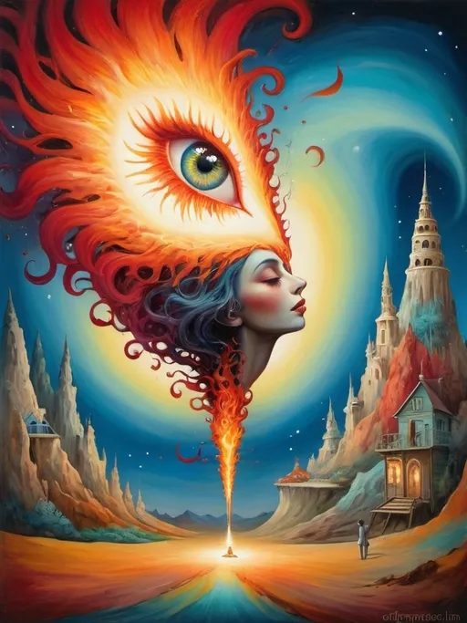 Prompt: Art style of Salvadore Dahli.
 Surrealist art movement. 
A dreamscape of imagination that Evokes a feeling of Trust and self worth. An overall sense of happiness about life. 

A self fanning tiny, inner sparks of possibility into flames of achievement showing a sense of movement and enlightenment. surreal. Fantasy. Bright colors. 