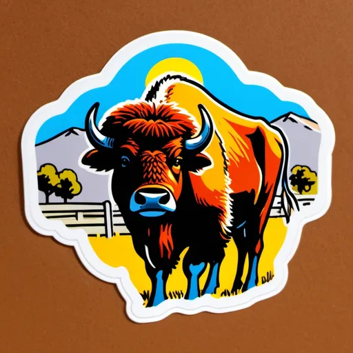 Prompt: A cow-bison hybrid, beefalo set on a California ranch, 1970’s illustration 