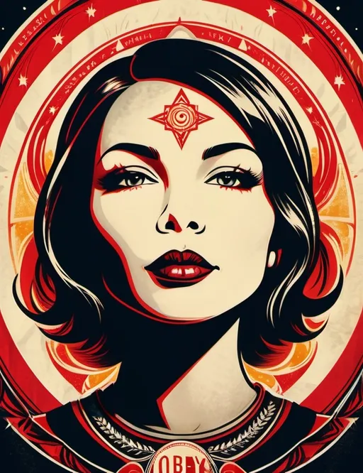 Prompt: Art style of Shepard Fairey (Obey). Surrealist art movement. A dreamscape of dreams and imagination that Evokes a feeling of Trust and self worth. An overall sense of happiness about life. Anthropomorphic self fanning tiny, inner sparks of possibility into flames of achievement showing a sense of movement and enlightenment. surreal. Bright colors. Illustration.