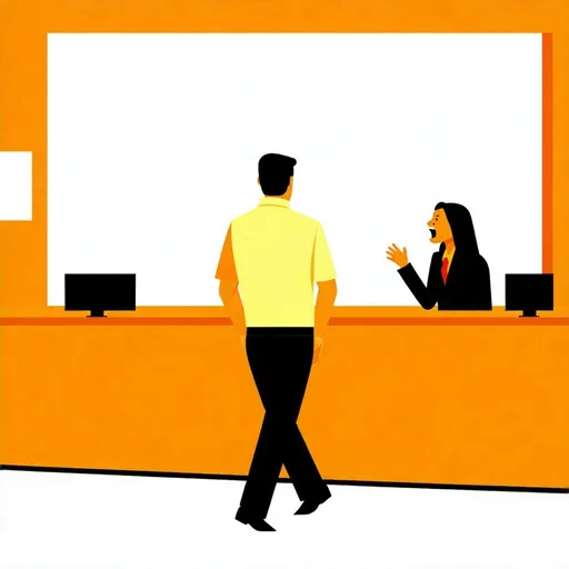 Prompt: Man walking into a Sperm bank reception area with a receptionist yelling at the man.