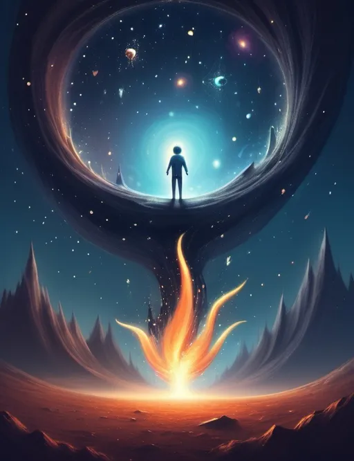 Prompt: Surreal imagination spacescape. Evokes a feeling of Trust and self worth. An overall sense of happiness about life. Anthropomorphic self fanning tiny, inner sparks of possibility into flames of achievement.