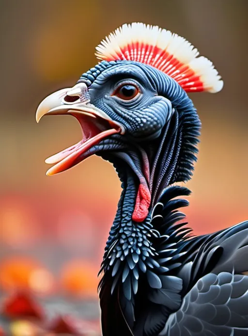 Prompt: The main subject is a turkey with pale skin on their head and neck can change colors, turning bright red, blue or white and the flap of skin over their beaks also reddens.