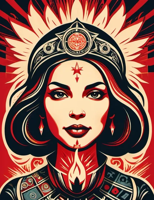 Prompt: Art style of Shepard Fairey (Obey). Surrealist art movement. A dreamscape of dreams and imagination that Evokes a feeling of Trust and self worth. An overall sense of happiness about life. Anthropomorphic self fanning tiny, inner sparks of possibility into flames of achievement showing a sense of movement and enlightenment. surreal. Bright colors. Illustration.