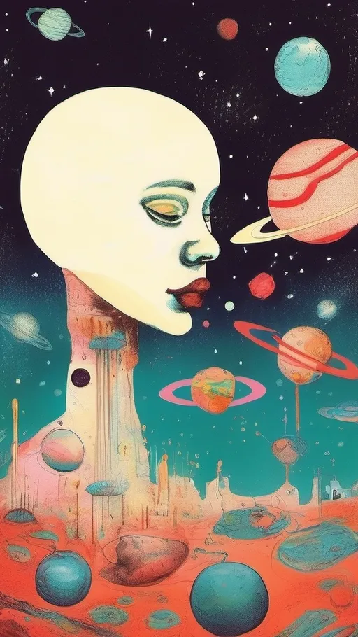 Prompt: Surreal Pop art, Educational dreamscape.
Front facing
Surreal wonderland in space.
Planets.
Galaxy.
a human brain is the most complicated object intertwined with the known universe.
Vintage Medical illustration style
Rich and deep colors