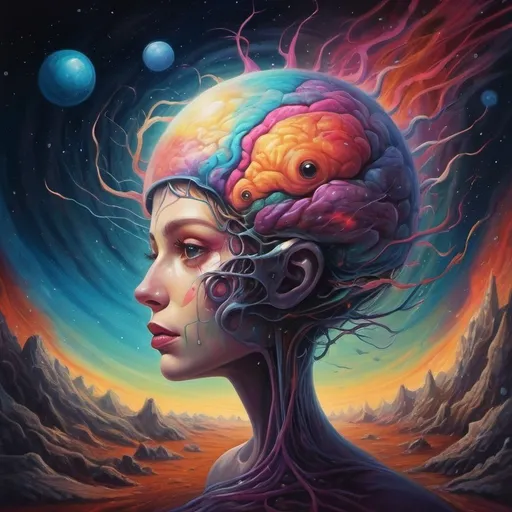 Prompt: surreal spacescape. Light traveling faster than sound. Evokes a feeling of speed and loud. Eyes and ears. Decaying dying brain. Bright colors. Surrealist art style Dahli inspired