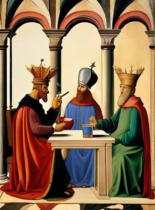 Prompt: Piero della Francesca style. Renaissance, fresco, mathematical, religious. three kings smoking, drinking 