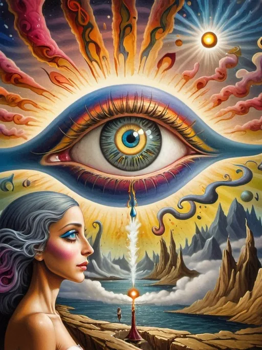 Prompt: Art style of Salvadore Dahli.
 Surrealist art movement. 
A dreamscape of imagination that Evokes a feeling of Trust and self worth. An overall sense of happiness about life. 

A self fanning tiny, inner sparks of possibility into flames of achievement showing a sense of movement and enlightenment. surreal. Fantasy. Bright colors. 