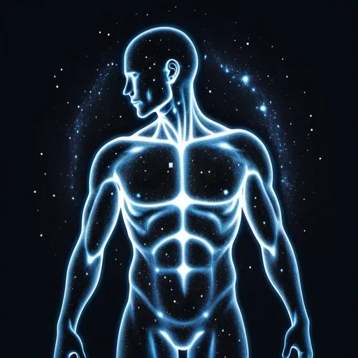 Prompt: An outline of a human from head to torso. The outline is filled with a depiction of the universe. The image evokes a feeling of movement and change. Macro.