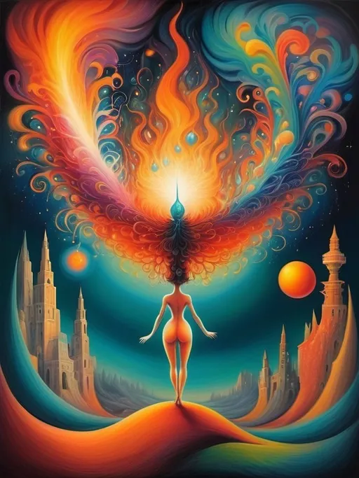 Prompt: Art style of Salvadore Dahli.
 Surrealist art movement. Fantasy. 
A dreamscape of imagination that Evokes a feeling of Trust and self worth. An overall sense of happiness about life. 
A self emmits tiny, inner sparks of possibility into flames of achievement showing a sense of movement and enlightenment. surreal. Fantasy. Bright colors. 