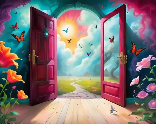Prompt: Tim burton illustration style.
Surreal dreamscape features
Contemplative scene.
Surreal. Ethereal.
vibrant colors.
A stark contrast defines the scene between two open doors, each presenting a dramatically different environment. On the left, a door reveals a bright, cheerful setting with a hummingbirds, butterflies and fantastical flowers with fluffy clouds, illuminated by radiant sunlight, suggesting warmth and tranquility. Conversely, the door on the right leads to a chaotic and consuming inferno, where vivid flames, smoke, skeletons dance against a dark background, creating a sense of danger and intensity. The wall portray themes of peace and turmoil while the floor features a textured grassy, vine floor covering. This image features a female figure rear view to contemplate the choices symbolized by each doorway. Overall image encapsulates the juxtaposition of opposites, inviting