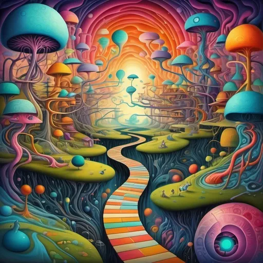 Prompt: An imaginative landscape with many pathways leading to a central knowledge source. The paths are littered with many minds roaming along neuro pathways. Humor. Fantastical dreamscape.  imagination. Bright color scheme. Surrealist art movement. 