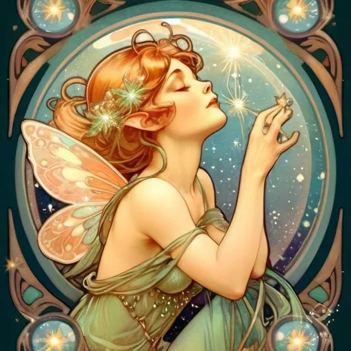 Prompt: Alphonse Mucha Style, art nouveau illustration of a fairy sprinkling pixie dust over the world, hope, love, trust, faith