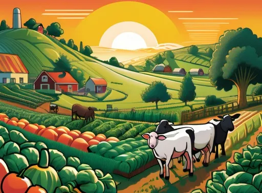 Prompt: Image depicts a rolling lush landscape filled with vegetables and crops. Cows, chickens, goats, horses, and a sheep graze the growing crops through the hill. Giant computer serves as the background featuring a sunrise on its screen. Reminiscent of Old Macdonalds Farm.