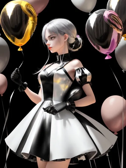 Prompt: An image depicts a colorful female stands in stark contrast to the shiny black, gray and white balloons she is holding. evoke a feeling of letting go.