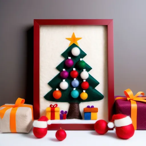 Prompt: Wool felt Christmas tree lit with white lights and decorated with multicolor ball ornaments stand in the center of the frame surrounded by cute wool felt Christmas presents wrapped in fuzzy fabric, felt. Christmas. Christmas colors.