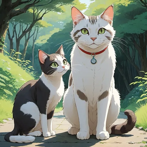 Prompt: 2d studio ghibli anime style, Male cat with a super long tail, female cat with really short tail, anime scene, happiness, cute, medical 