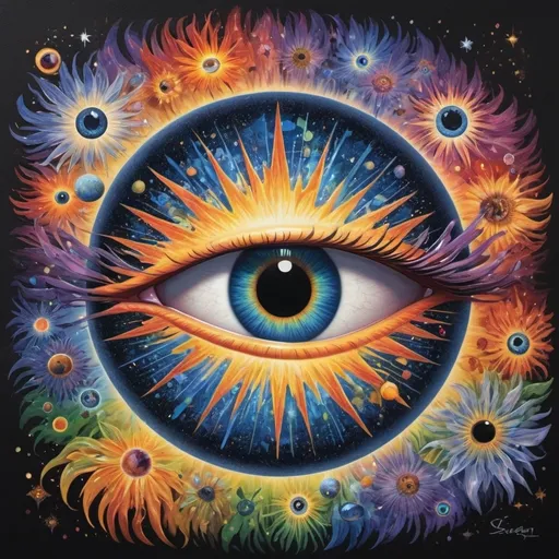 Prompt:  A striking set of stylized eyes serves as the central focus, featuring an iris that vividly incorporates an image of the Earth and universe. The image portrays the changing of a season from winter to spring to summer to fall. The detailed black pupil draws attention, surrounded by a radiant burst of bright colors resembling the image of universe and sun's rays, enhancing the set of eye's impact.