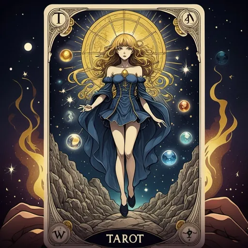 Prompt: tarot card Anime illustration of Mystery creates wonder, wonder is the basis of man's brain, desire, understanding, dramatic lighting