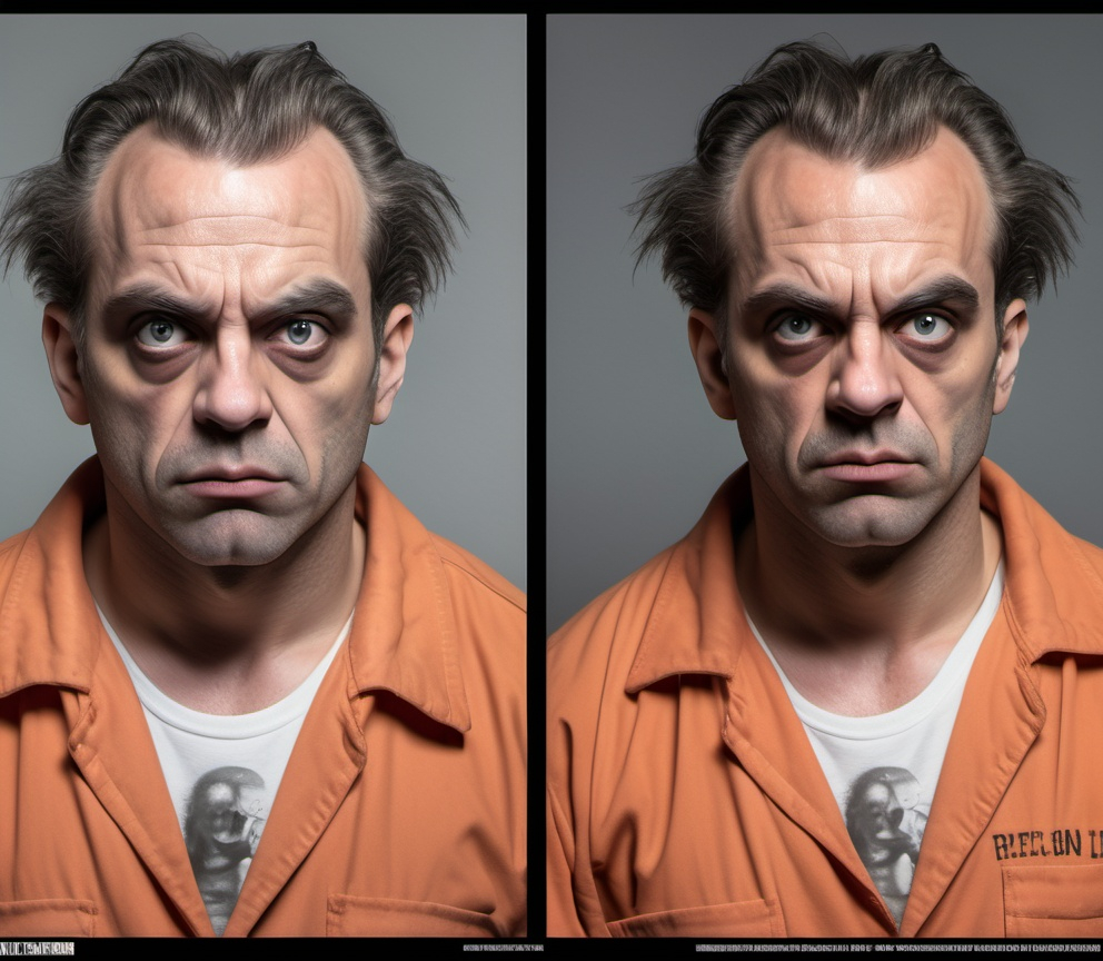 Prompt: a modern prisoner monster realistic retro 1980's action movie mugshot with side view, and front facing view, full sheet