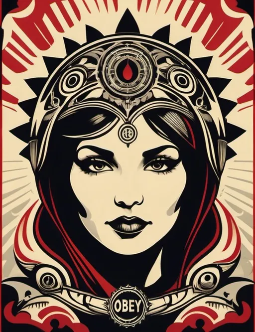 Prompt: Art style of Shepard Fairey (Obey). Surrealist art movement. A dreamscape of imagination that Evokes a feeling of Trust and self worth. An overall sense of happiness about life. A self fanning tiny, inner sparks of possibility into flames of achievement showing a sense of movement and enlightenment. surreal. Bright colors. 