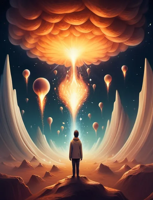 Prompt: Surreal imagination spacescape. Evokes a feeling of Trust and self worth. An overall sense of happiness about life. Anthropomorphic self fanning tiny, inner sparks of possibility into flames of achievement.