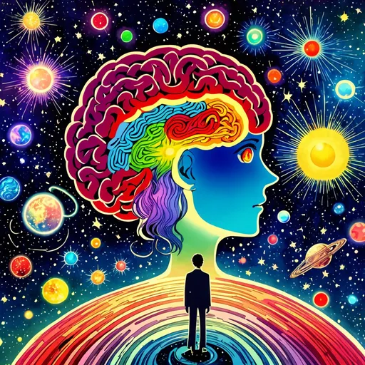 Prompt: anime, illustration, mysterious, Mystery creates wonder and wonder is the basis of man's brain and desire,universe,understanding,bright colors,vintage,colorful
