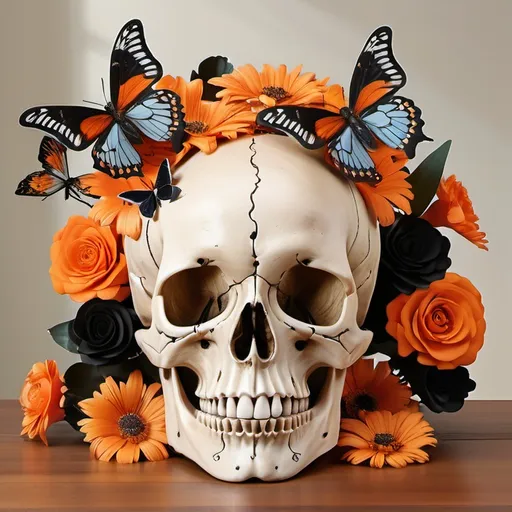 Prompt: A vibrant arrangement features a skull adorned with a flurry of striking orange and black butterflies, perched atop its cranium in a lively and whimsical fashion. The skull, designed with exaggerated facial features and intricate details, rests on a smooth wooden surface, contrasting with the butterfly's delicate beauty. In the background, a soft, blurred neutral tone suggests an indoor setting, possibly a contemporary room. The overall composition blends elements of the macabre and the enchanting, creating a narrative of transformation and juxtaposition between the eerie skull and the ephemeral butterflies, evoking a sense of wonder and intrigue.