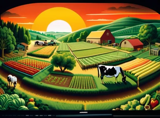Prompt: Giant computer serves as the background of the Image and displays a sunrise on the black screen. The middle ground.depicts a rolling lush landscape filled with vegetables and crops. In the foreground there are Cows and chickens and goats and horses and sheep graze the growing crops through the hill.  Reminiscent of Old Macdonalds Farm.