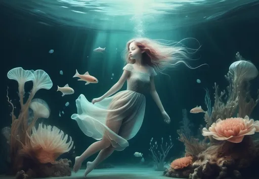 Prompt: An underwater fantasy lands.digital artwork inspired by Gosia Kmiec. The image evokes a feeling of lightness and oddness. beautiful imaginative creatures. fantasy art.