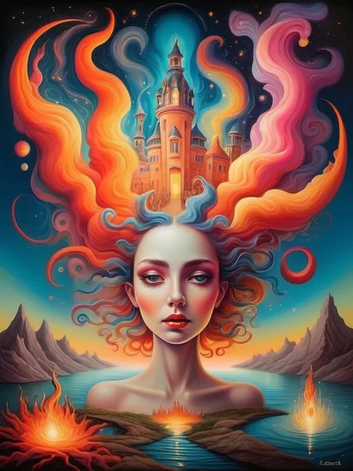 Prompt: Art style of Salvadore Dahli.
 Surrealist art movement. Fantasy. 
A dreamscape of imagination that Evokes a feeling of Trust and self worth. An overall sense of happiness about life. 
A self emmits tiny, inner sparks of possibility into flames of achievement showing a sense of movement and enlightenment. surreal. Fantasy. Bright colors. 