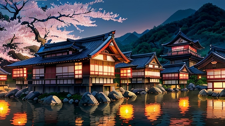 Prompt: Realistic, traditional japanese village at sunset, cherry blossom, detailed architecture, serene atmosphere, high quality, traditional, village, sunset scene, cherry blossom, detailed buildings, serene, realistic, atmospheric lighting, peaceful, traditional Chinese, warm tones