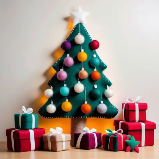 Prompt: Wool felt Christmas tree lit with white lights and decorated with multicolor ball ornaments stand in the center of the frame surrounded by cute wool felt Christmas presents wrapped in fuzzy fabric, felt. Christmas. Christmas colors.