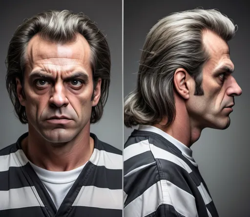 Prompt: a modern prisoner monster realistic retro 1980's action movie hero actor mugshot with side view, and front facing view, full sheet