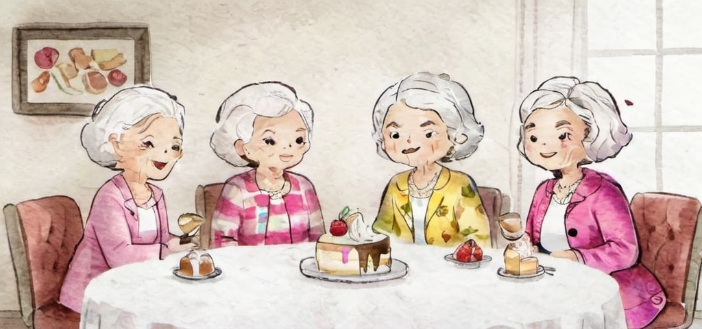 Prompt: In a cozy indoor setting, three animated older women gather around a circular table adorned with delicious slices of different cheesecakes. Each character is distinct, with varying hairstyles and vibrant attire; one woman (Rue McCalahan) sports a colorful patterned jacket with brunette hair, another has silver hair (Bea Arthur a cozy robe, while the third (Betty White) features soft, blonde curls and a pastel pink outfit. Their expressions convey a lively conversation, with animated gestures emphasizing their engagement. The warm color palette and inviting atmosphere reflect a friendly gathering, evoking a sense of camaraderie and shared laughter as they indulge in dessert. The scene captures a moment of friendship and enjoyment, drawing viewers into their delightful exchange.