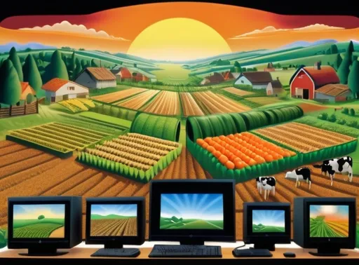 Prompt: Giant computer serves as the background of the Image and displays a sunrise on the black screen. The middle ground.depicts a rolling lush landscape filled with vegetables and crops. In the foreground there are Cows and chickens and goats and horses and sheep graze the growing crops through the hill.  Reminiscent of Old Macdonalds Farm.