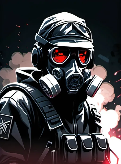 Prompt: Anime cyberpunk style, Dark color theme, war, battlefield with one soldier wears a gas masks Constructed out of white tissue paper., detailed, high quality, highly detailed, HD, dark background