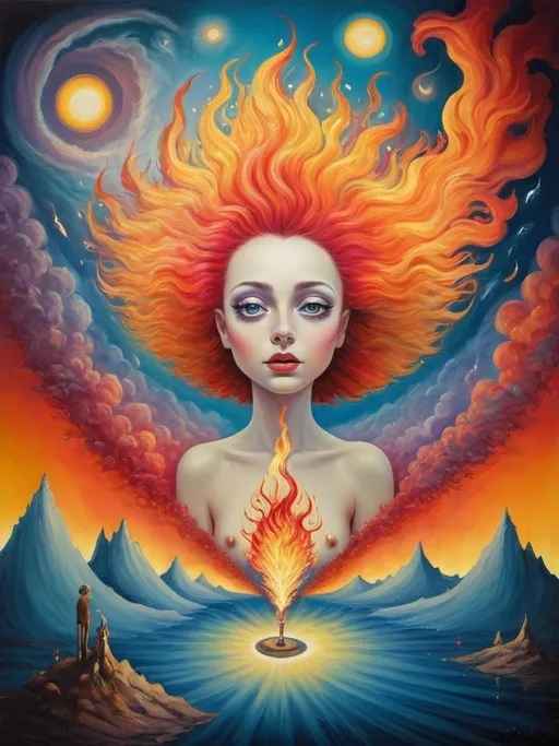 Prompt: Art style of Salvadore Dahli.
 Surrealist art movement. 
A dreamscape of imagination that Evokes a feeling of Trust and self worth. An overall sense of happiness about life. 

A self fanning tiny, inner sparks of possibility into flames of achievement showing a sense of movement and enlightenment. surreal. Fantasy. Bright colors. 