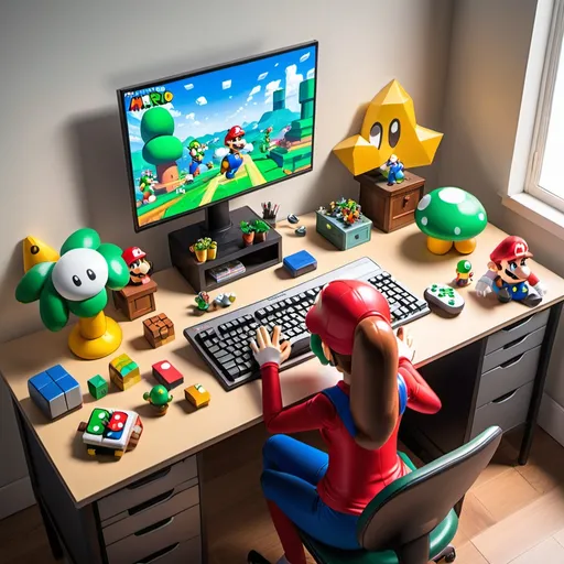 Prompt: Video game cover art, Home office setting, aerial view, metallic hues, reds, greens, blues, yellows, browns, computer and keyboard sits on an office desk, female hands typing on the keyboard, a document is open on the computer that reads Nintendo, Mario and Luigi dolls next to computer, cute simple low poly render, kawaii Nintendo characters decorate table top, minimalistic, simple background, cartoon illustration