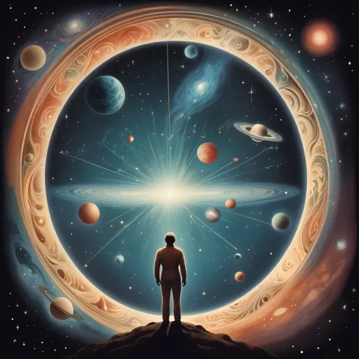 Prompt: vintage illustration of space, universe, mysterious, Mystery creates wonder, wonder is the basis of man's brain, desire, understanding, illustration 
