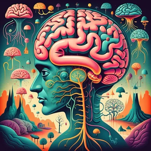 Prompt: vintage brain illustrations. A scene with many minds roaming along neuro pathways in a fantastical dreamscape.  imagination. Bright color scheme Surrealist art movement. 