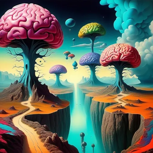 Prompt: Surrealist art movement. 
Fantastical landscape. 
Brains. Minds wandering. surreal. Dreamscape. Bright and vibrant colors. Natural lighting.