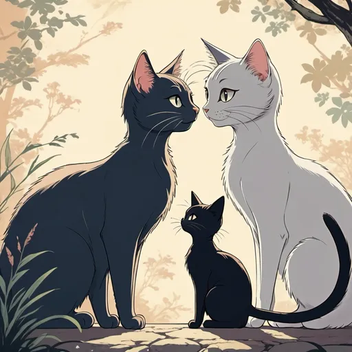 Prompt: Vintage anime style, Male cat with a long slender tail face to face with a female cat with short stumpy tail, anime scene, happiness, cute,
